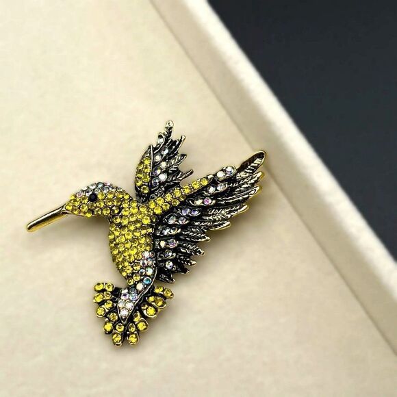 Yellow Gold with Yellow Citrine and White AB Crystal Hummingbird Pin Back Brooch - Picture 4 of 7